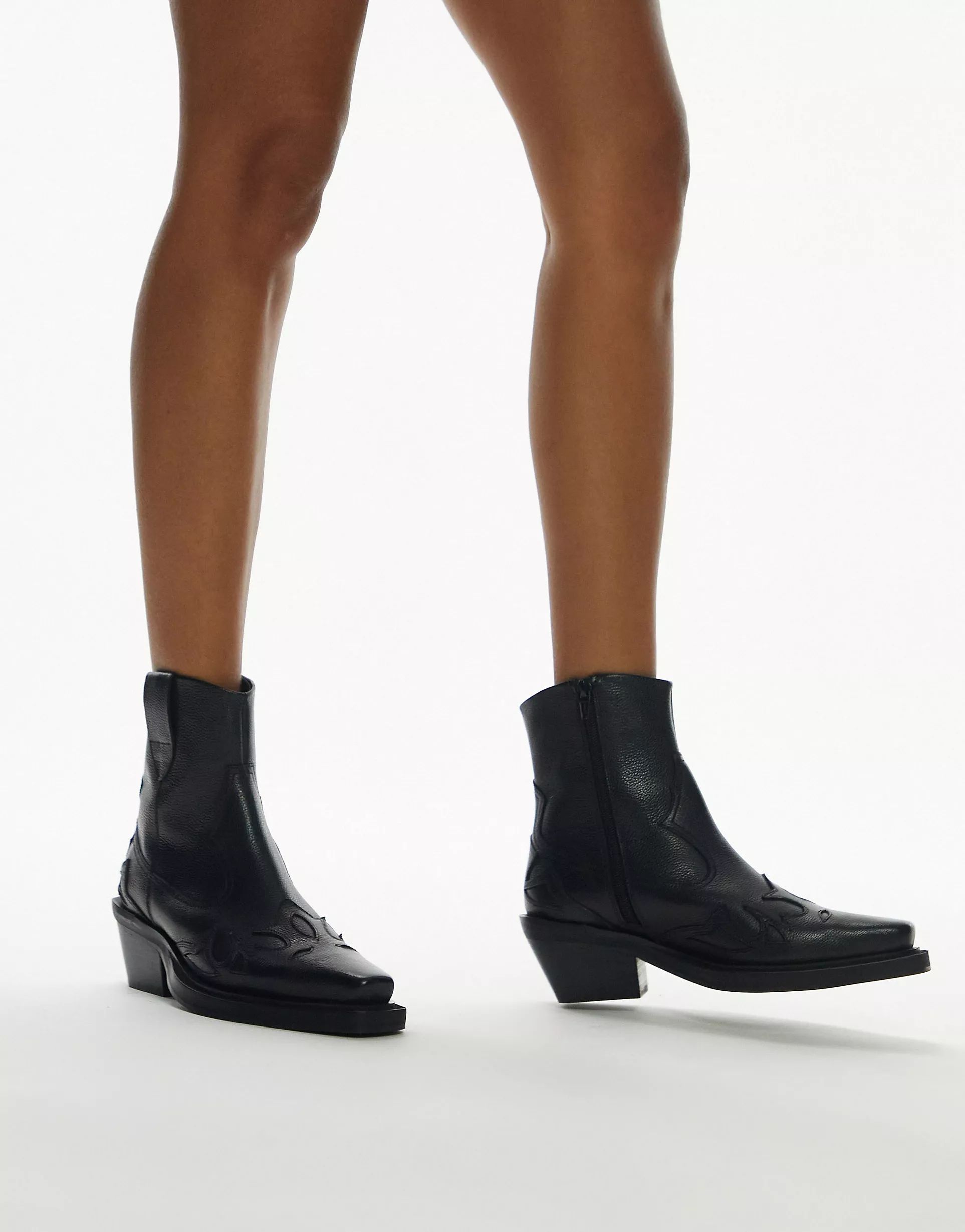 Topshop Lena leather western ankle boot in black | ASOS | ASOS (Global)