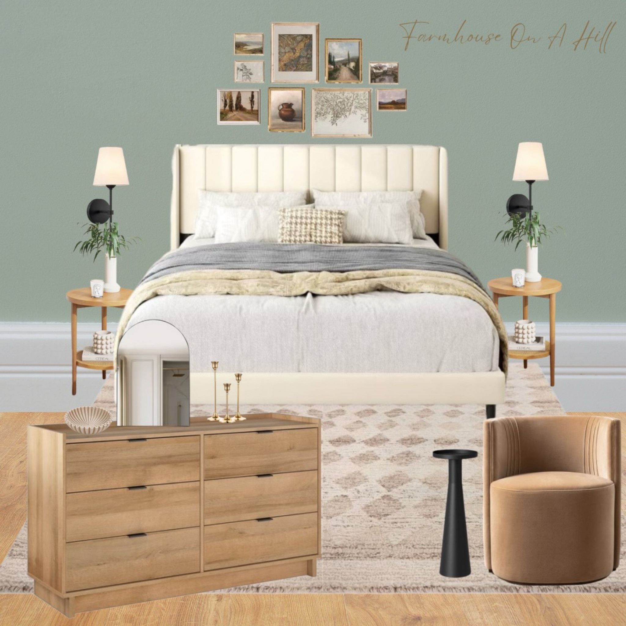 Bedroom design inspiration. Neutrals with a pop of green for an accent wall! Incorporating some warm wooden tones to cozy up the space. 

#LTKHome #LTKStyleTip