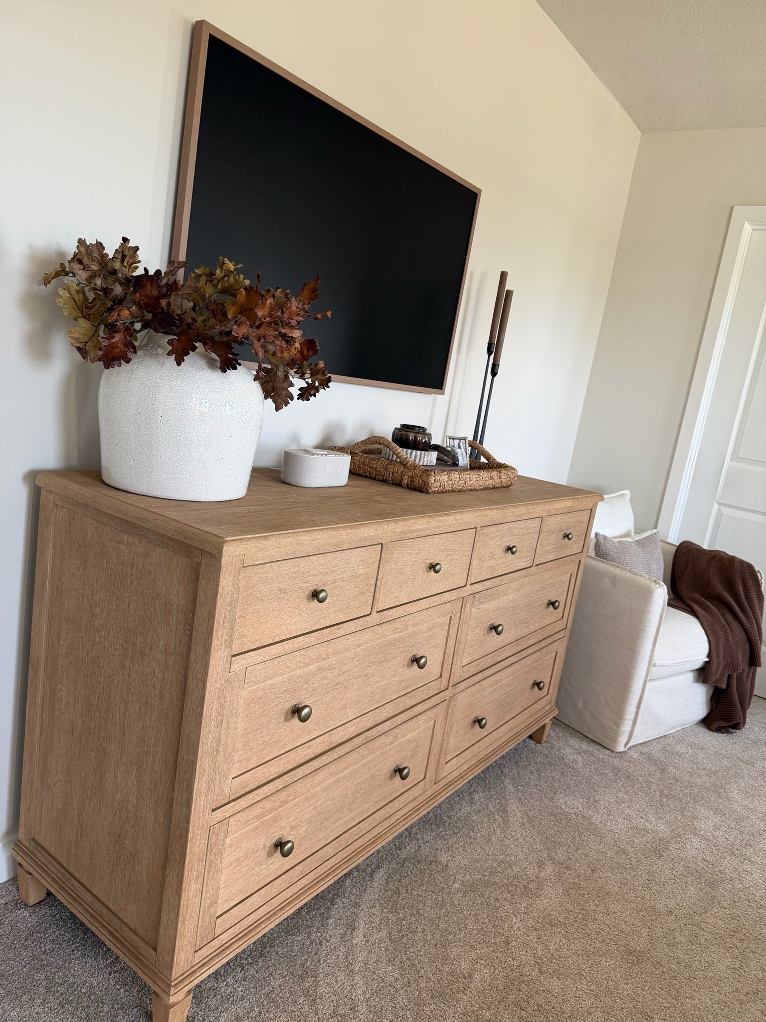 Dresser, Sausalito dresser, oak stems, neutral alarm clock, frame tv, Samsung tv, farm chair, brown candlesticks

#LTKSeasonal #LTKHome #LTKSaleAlert