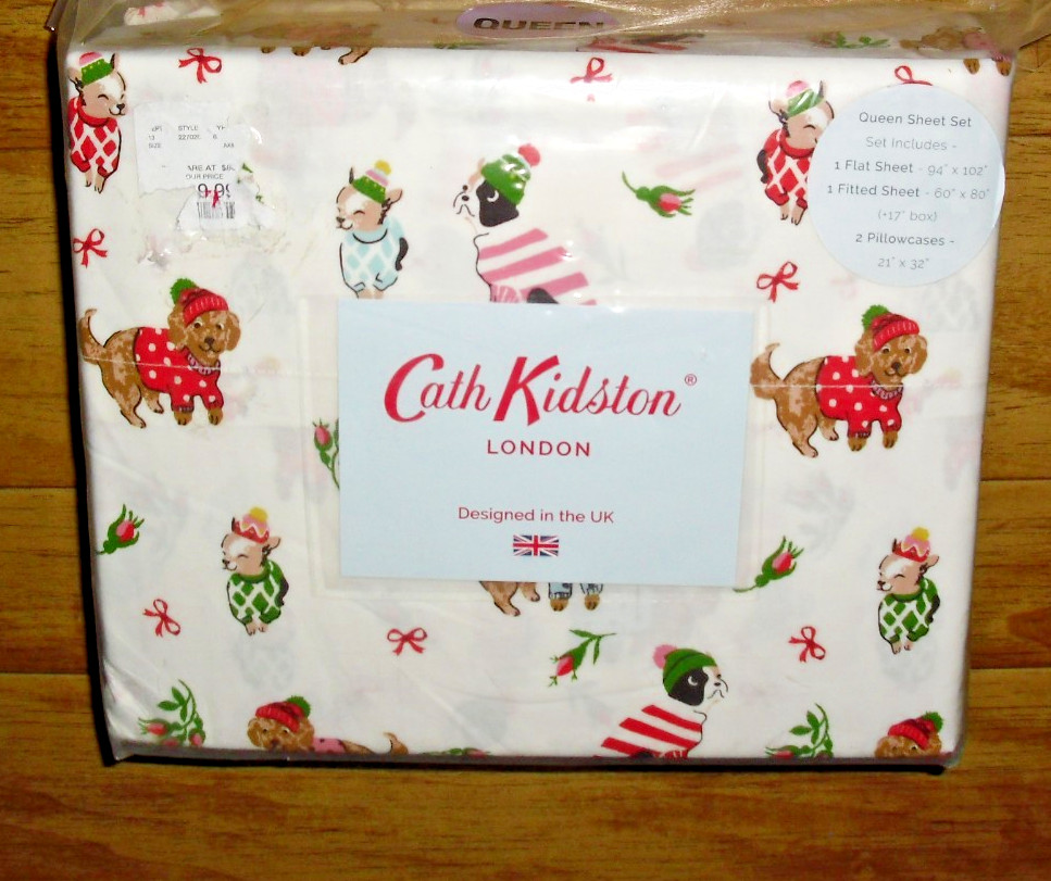 Cath Kidston London 4pc QUEEN Cotton Christmas ~ PUPPY LOVE PINK ~ Sheet Set NIP | eBay US
