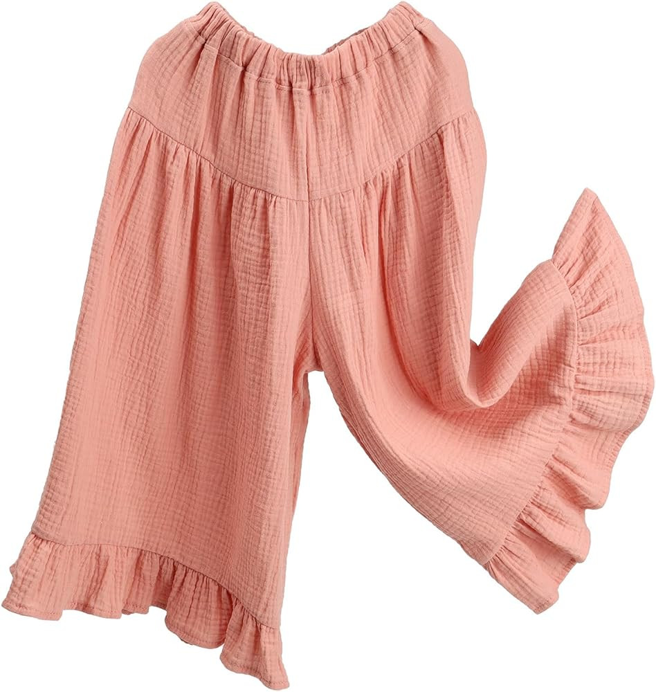 HOOLCHEAN Baby and Little Girls Soft Cotton Gauze Wide Leg Ruffled Pants | Amazon (US)
