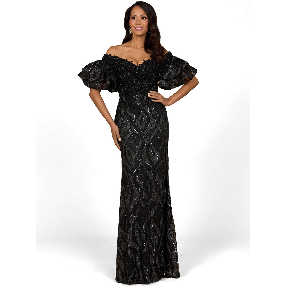 Lara Women's Illusion Neck, Long Bell Sleeve Gown - Black | Macy's