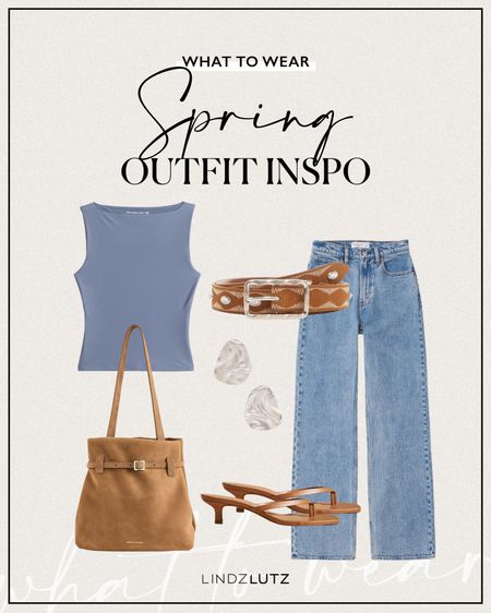 Spring Outfit Inspo 🤍 What I’m Wearing This Spring: blue boat neck tank, high waisted denim, silver earrings, brown suede belt, brown suede bucket bag and brown sandal kitten heels

#LTKstyletip