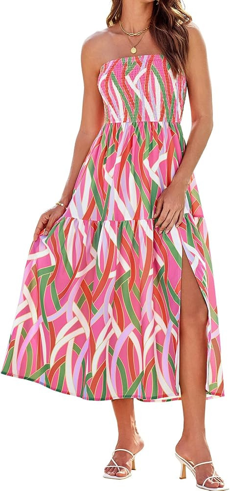 GRACE KARIN Women's Summer Strapless Dress Smocked Casual Beach Party Long Maxi Dresses with Pock... | Amazon (US)