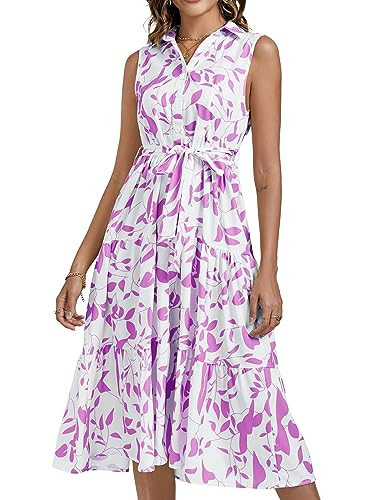 LYANER Women's Floral Button Up Collar Tie Waist Tiered Ruffle Sleeveless Midi Dress Purple Medium | Amazon (US)