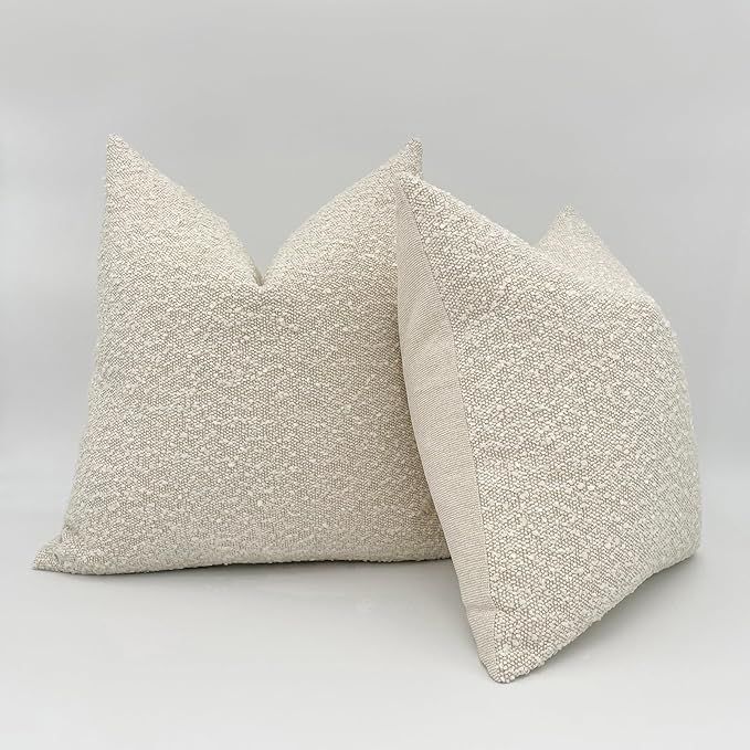 Set of 2 Textured Boucle Throw Pillow Covers Cream Beige Modern Farmhouse Boho Accent Decorative ... | Amazon (US)