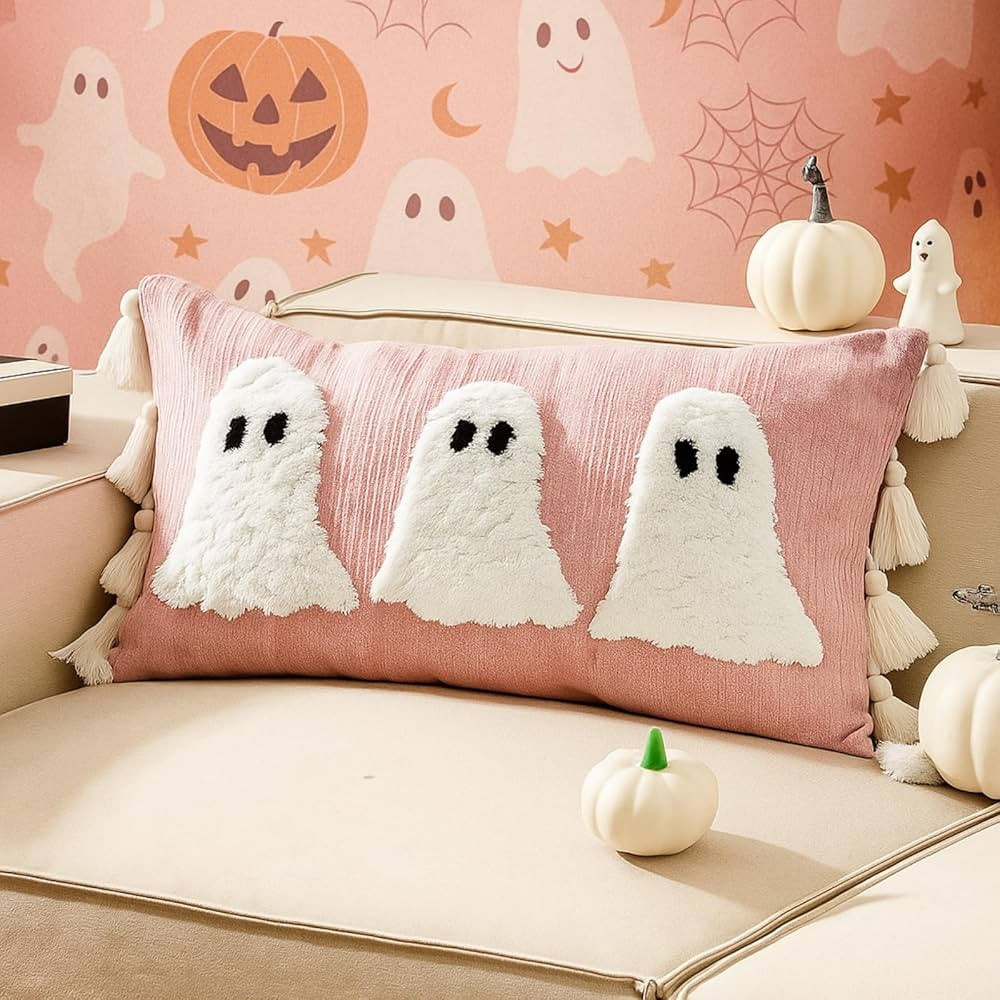Halloween Ghost Pillow with Tassel 14 x 26 Inch Pink Ghost Spooky Lumbar Throw Pillow Halloween H... | Amazon (US)