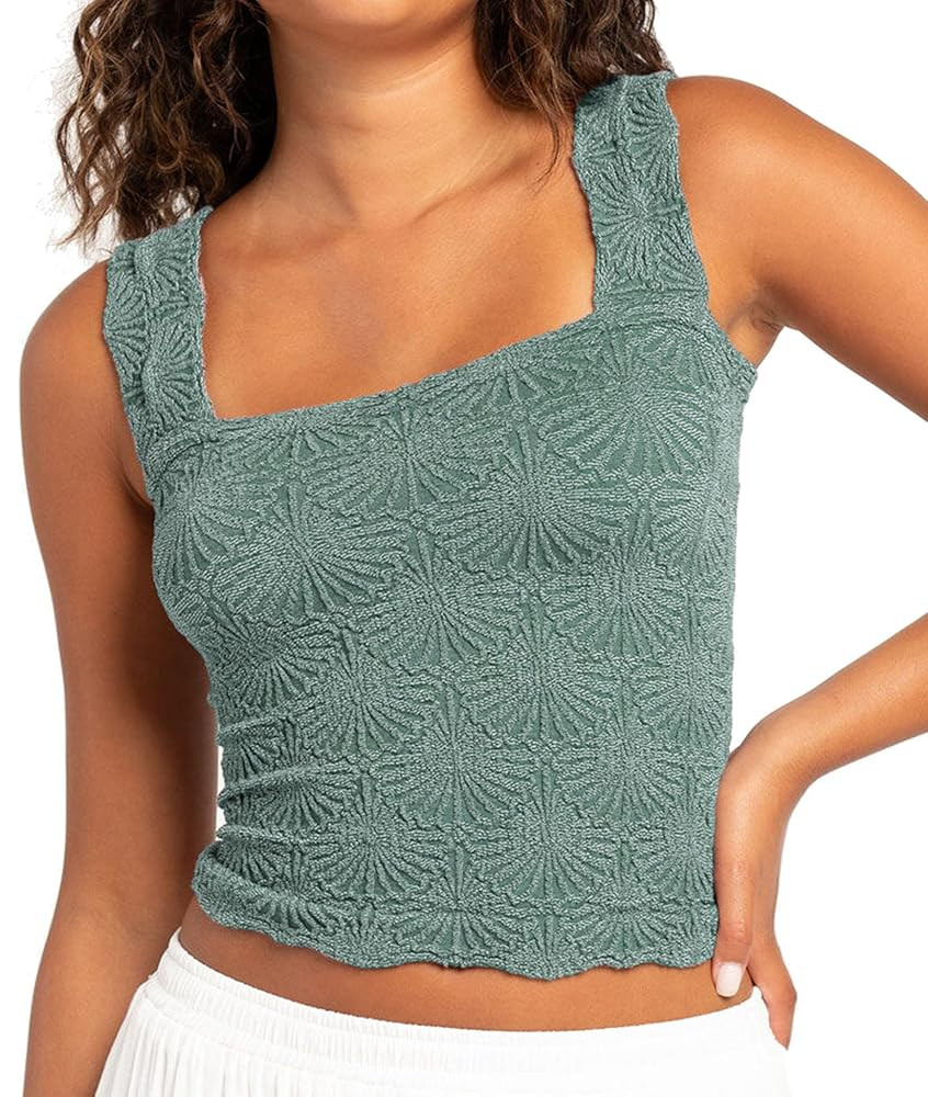 Women's Square Neck Wide Strap Crop Tank Tops Flower Going Out Tops Slim Fit Lettuce Trim Crop Ca... | Amazon (US)