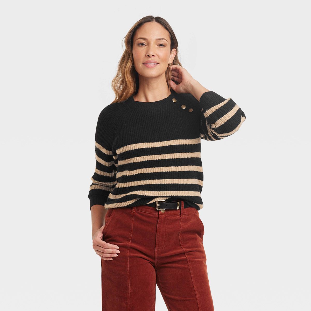 Women's Crewneck Pullover Sweater - Knox Rose™ Black Striped XS | Target