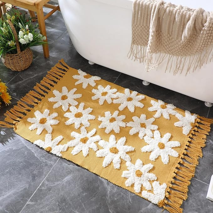 Duraaamo Boho Bathroom Rugs with Tassels 2 x 3 ft Daisy Tufted Rug Cotton Washable Mat Woven Tuft... | Amazon (US)