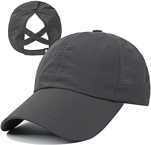 HGGE Womens Criss Cross Ponytail Baseball Cap Adjustable High Messy Bun Ponycap Trucker Hats Quick Drying Mesh Dad Hat for Outdoor Sports Travel Dark Grey | Amazon (US)