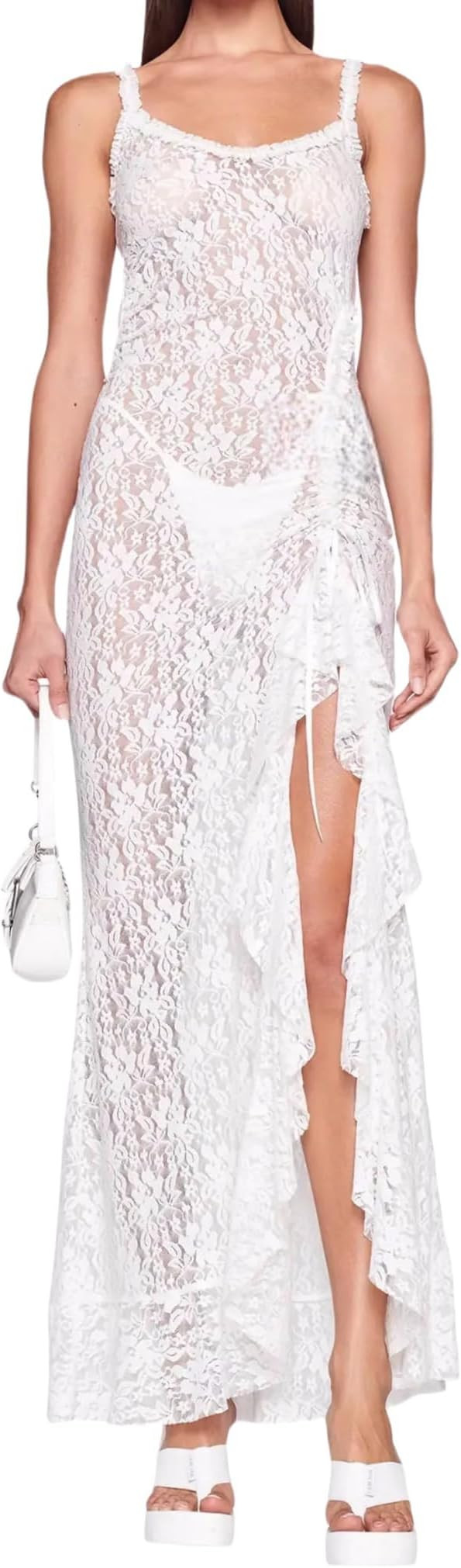 RARITYUS Women Sleeveless See Through Floral Lace Maxi Dress Sexy Backless Side Slit Dress Ruffle... | Amazon (US)