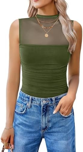 Avidlove Women's Mock Neck Mesh Bodysuit Ruched Tank Body Suits Top Sheer One Piece Going Out Top... | Amazon (US)
