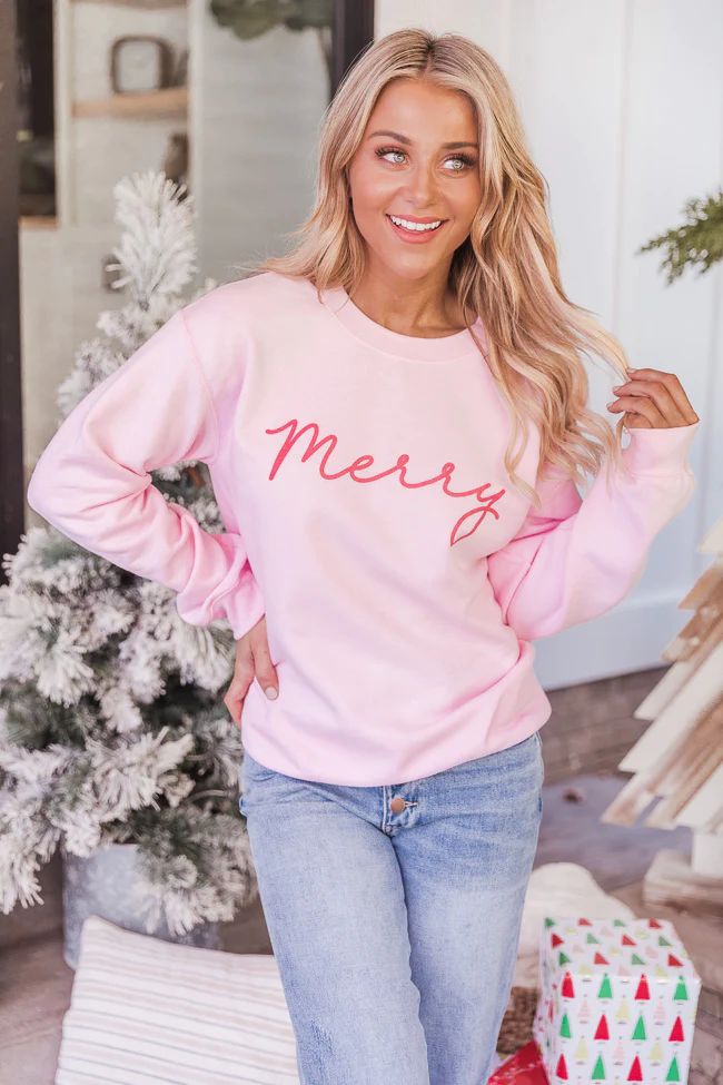 Merry Script Light Pink Graphic Sweatshirt | The Pink Lily Boutique