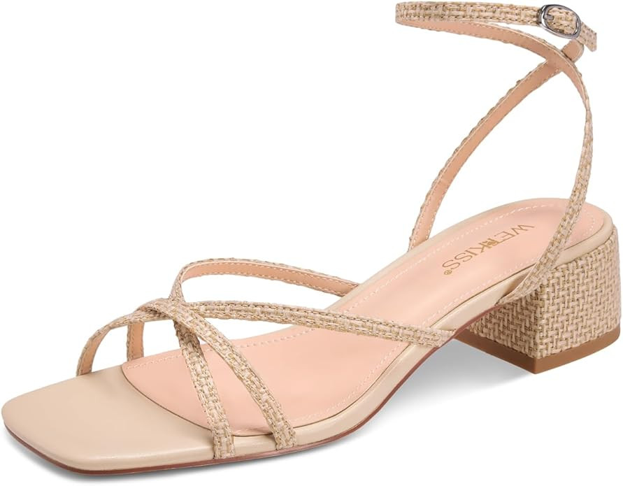wetkiss 2 Inch Low Heels Chunky Strappy Heels Women Woven Low Summer Sandals Square Toe Black Wov... | Amazon (US)