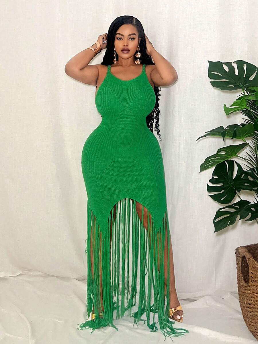 Slaydiva New 2025 Curve Plus Size Women Green Solid Color Vacation Dress With Spaghetti Straps An... | SHEIN