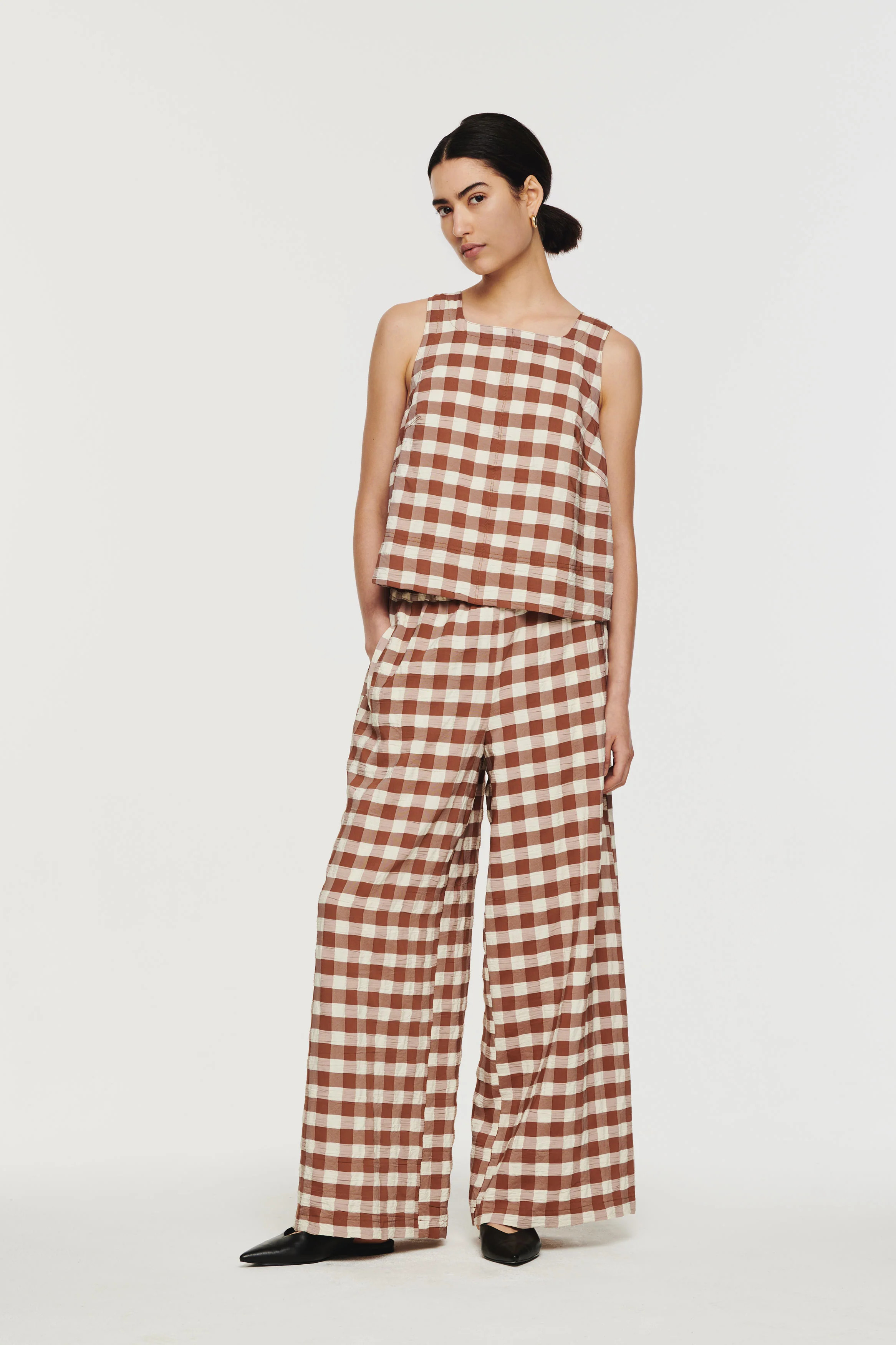 Nolen | Elasticated Trouosers in Brown Gingham | ALIGNE | ALIGNE USA