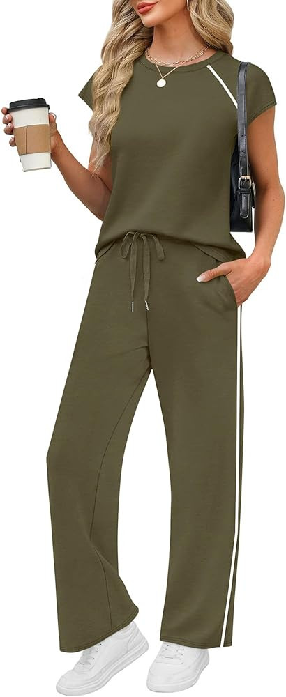 PRETTYGARDEN Women's 2 Piece Lounge Sets 2026 Summer Cap Sleeve Tops Wide Leg Pants Travel Outfit... | Amazon (US)