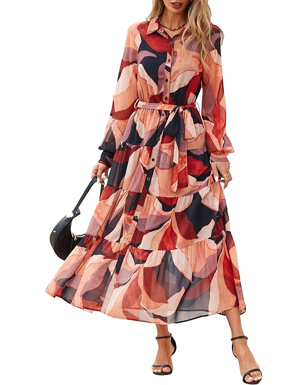 PRETTYGARDEN Women's Fall Dress 2025 Casual Long Sleeve Button Down Belted Boho Floral Flowy Maxi... | Amazon (US)