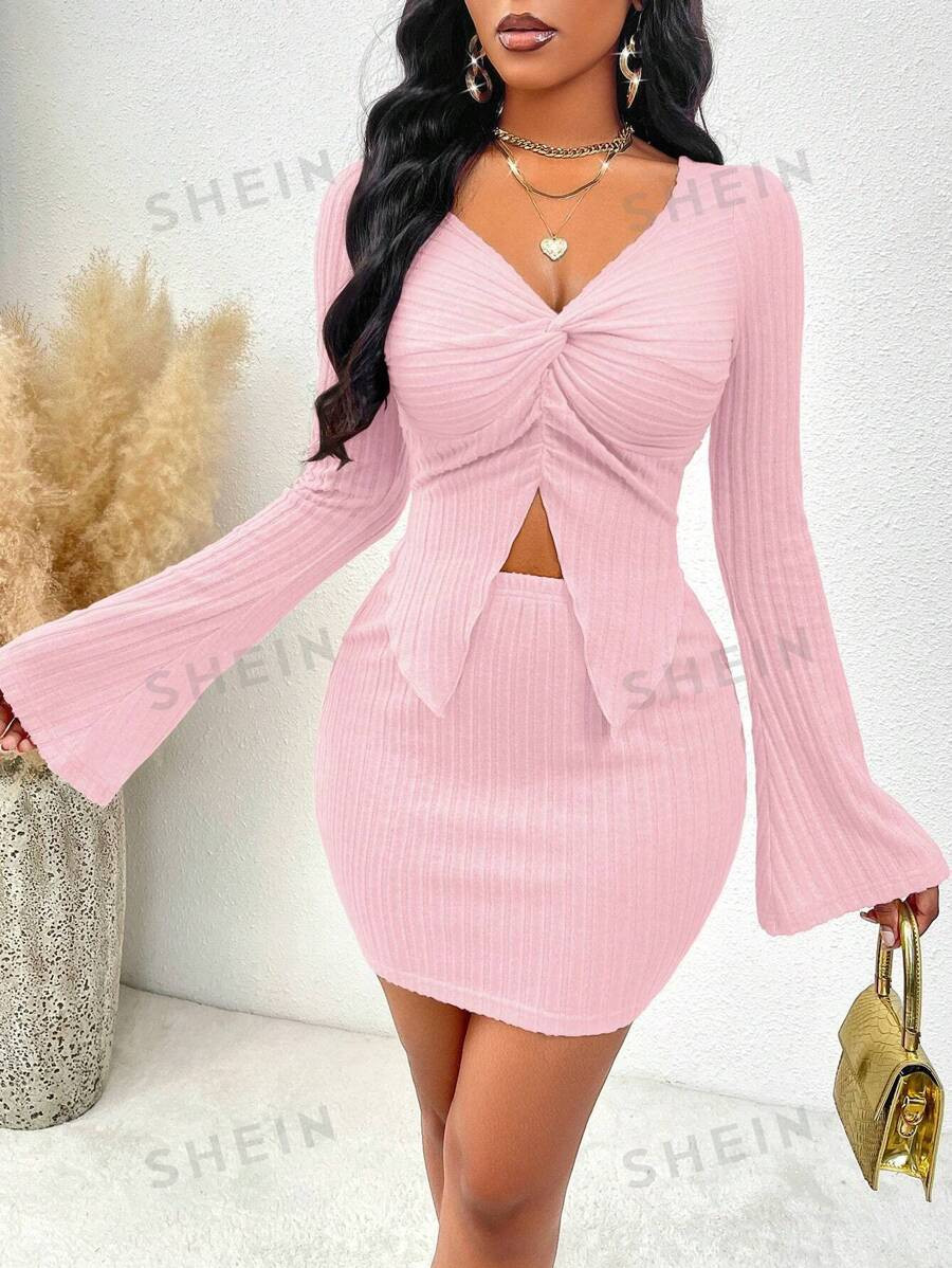 SHEIN Slayr Knotted Detail Bell Sleeve T-Shirt And Skirt Set | SHEIN