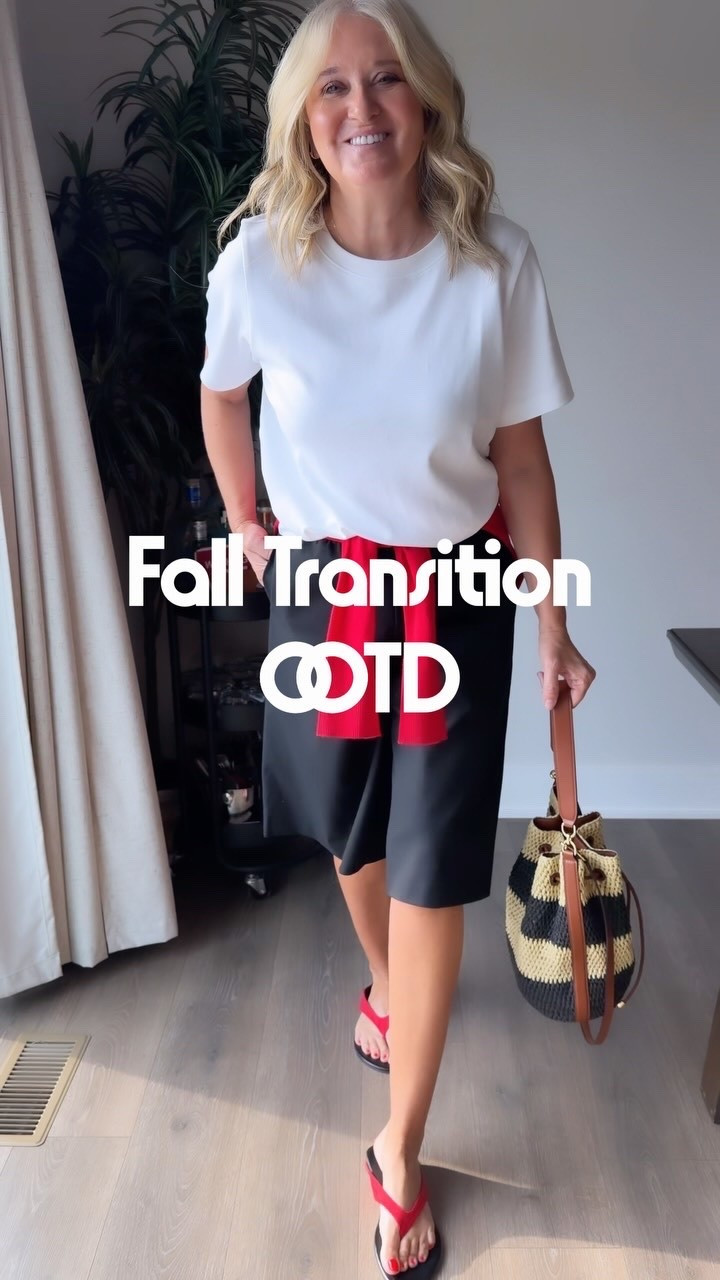 Slowly starting to transition Summer looks. 🍂🍁I grabbed these shorts and I LOVE THEM!  They’re so great for wearing casually like I am here, but cute dressed up with heels, sneakers or flats!  Also, with tall boots and a chunky sweater this Fall🍁🍂

And this tee!  Definitely a current fave!  It’s super soft, has a longer sleeve length and just a good one!! 

Comment SHOP for links🛍️

#falltransition #aritzia #over50 #fallstyle