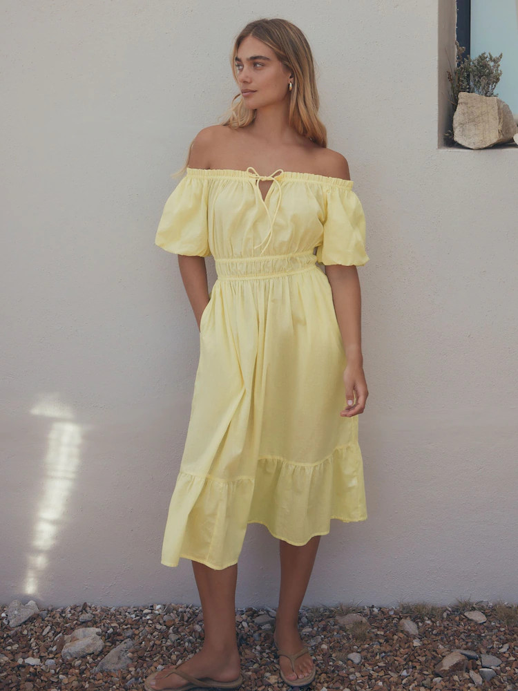 Lemon Yellow Off The Shoulder Midi Dress | Next EU