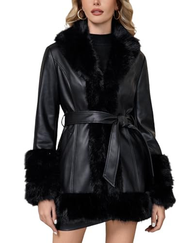 DIASHINY Women Faux Fur Leather Jacket Fur Lined Winter Warm Parka Fur Coat With Belt Black M | Amazon (US)