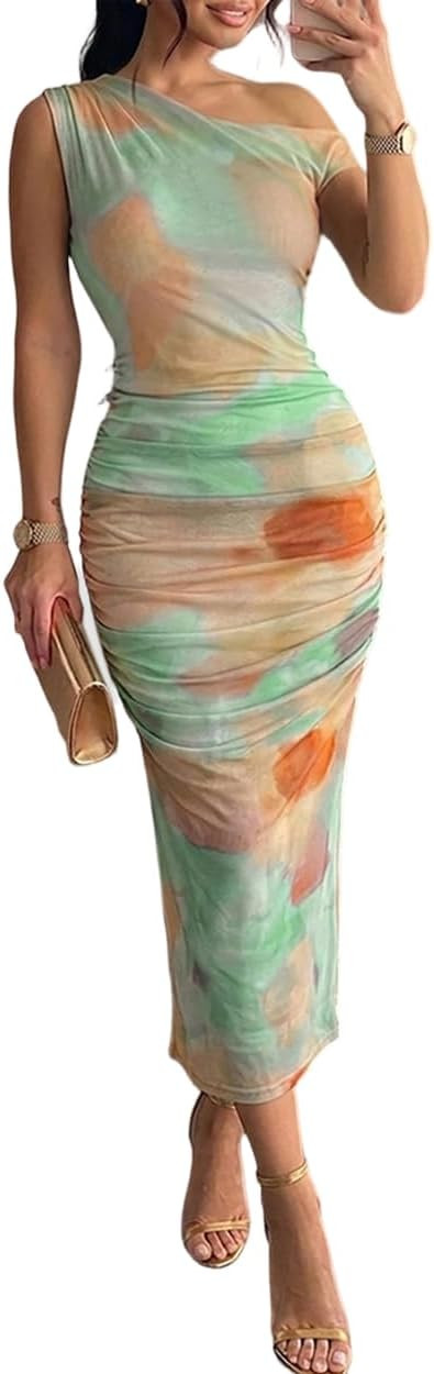 CHICME Midi Dresses for Women One Shoulder Summer Dress Tie-dye Ruched Mesh Bodycon Cocktail Dres... | Amazon (US)