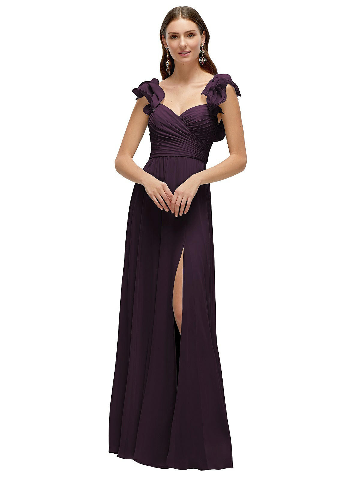 Dramatic Ruffle Edge Strap Chiffon Maxi Dress in Aubergine | Dessy Group