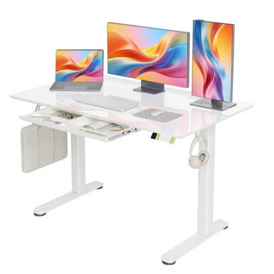 Ashya Ergonomic Glass Top Height Adjustable Standing Desk with Drawer and Hooks | Wayfair North America