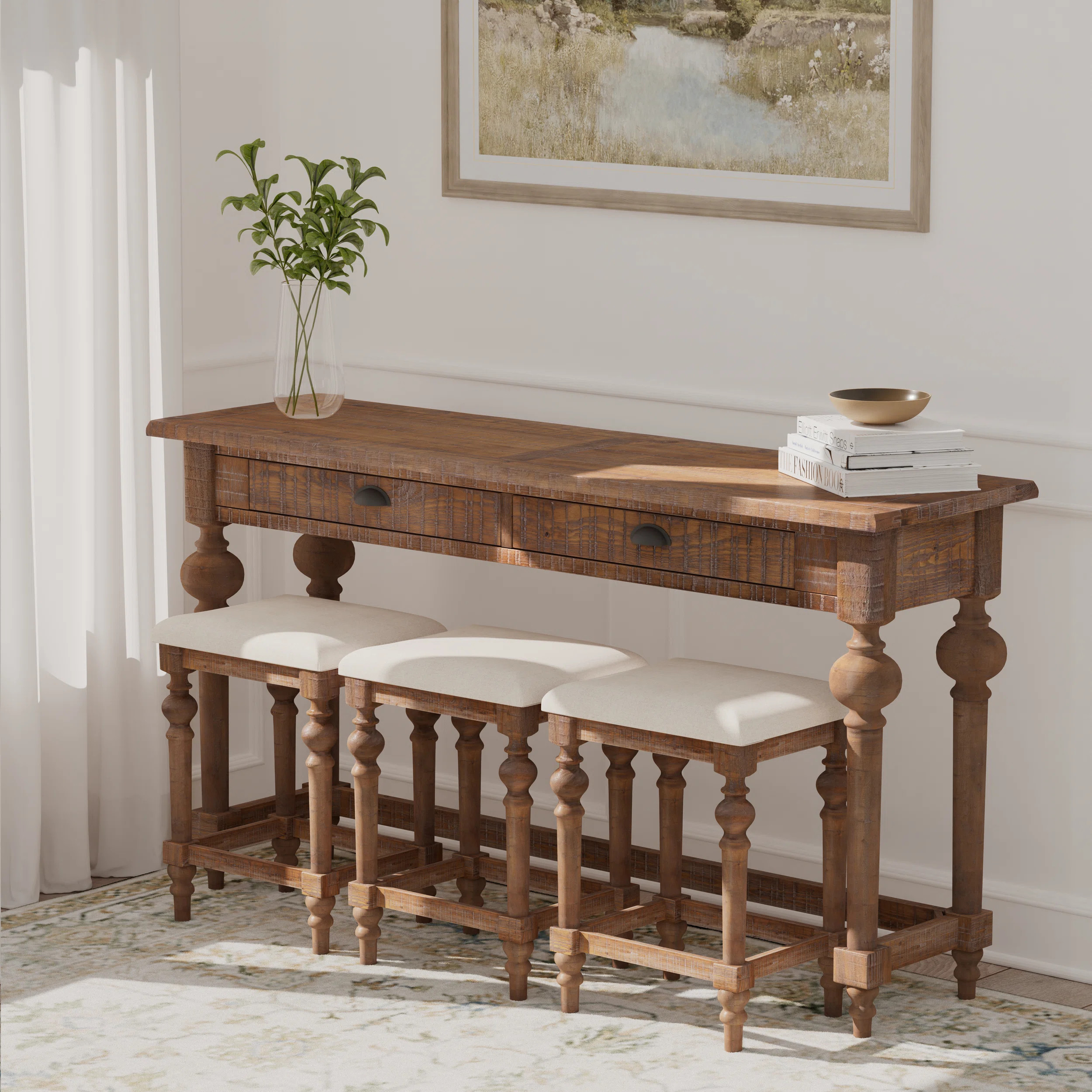 Wallace & Bay Ludin Brown Console Table With 3 Stools | Wayfair North America