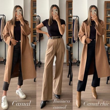 1 tee, 3 ways: casual, business casual, casual chic 
code LIFEWITHJAZZ 
Mango camel coat: Wearing xs
Everlane trousers 00 30” - linked similar Abercrombie pants 
Boots super comfy tts 

Fall outfits / fall style / classic minimal 

#LTKtravel #LTKunder100 #LTKworkwear