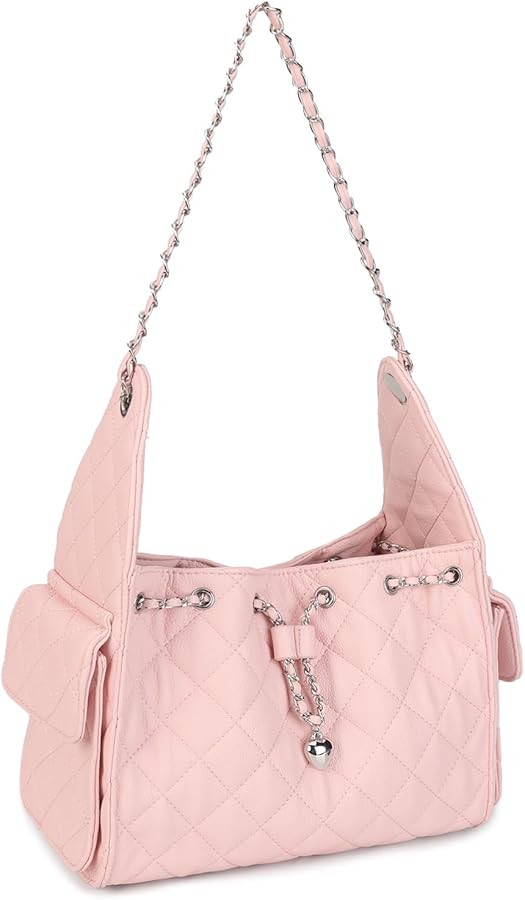 Quilted Hobo Bag for Women, Large Leather Shoulder Purse with Silver Chain Strap Ladies Tote Hand... | Amazon (US)