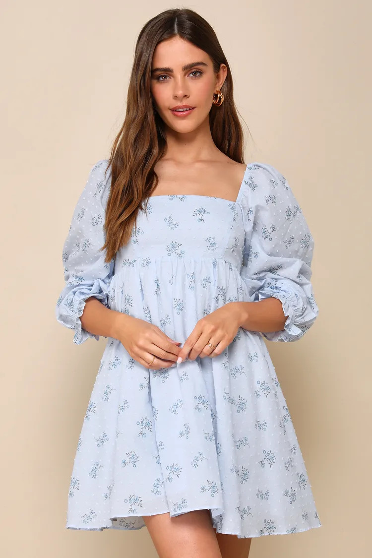 Always Charming Light Blue Floral Dress Blue Babydoll Dress Baby Blue Dress Spring Blue Dress Outfit | Lulus