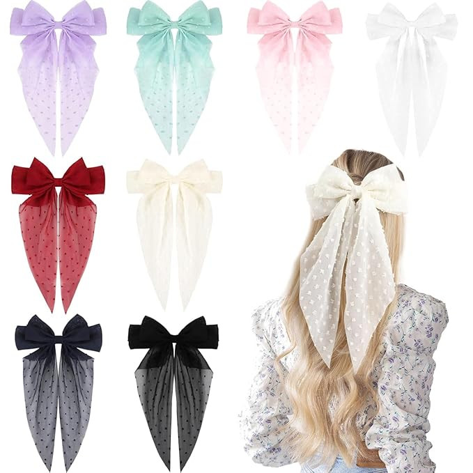 VOBOBE Hair Bow Clip, 8Pcs Big Tulle Layered Hair Bows for Women Girls 8 Inch, Long Black Gauze B... | Amazon (US)