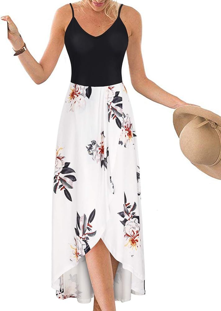 II ININ Women's Sleeveless Casual Summer Beach Floral Maxi Dress V Neck Spaghetti Asymmetrical Sundr | Amazon (US)
