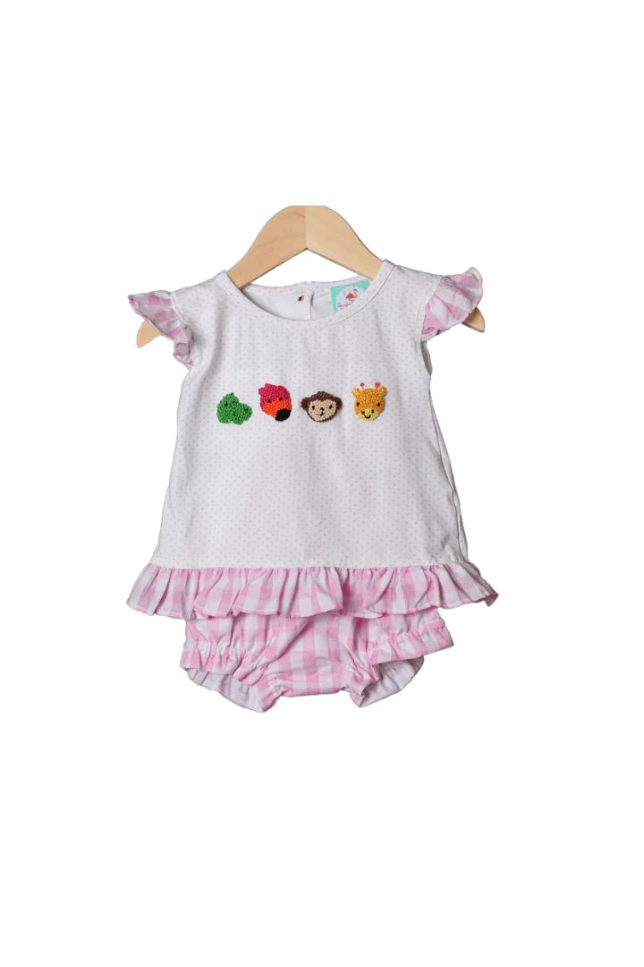 French Knot Zoo Friends Gingham Bloomer Set | The Smocked Flamingo