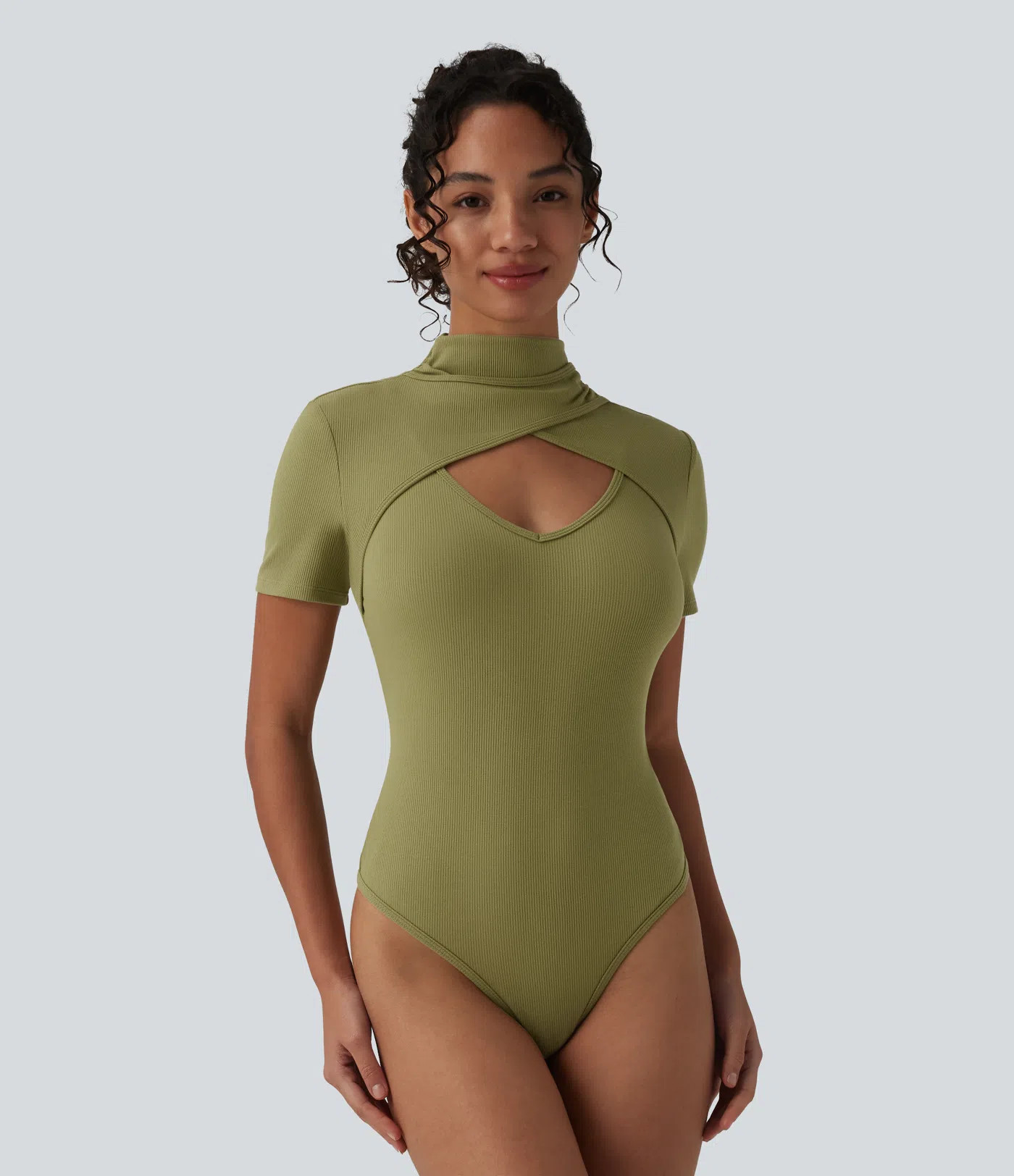 Women’s Ribbed Knit High Neck Cut Out Short Sleeve Skinny Casual Bodysuit - Halara | HALARA