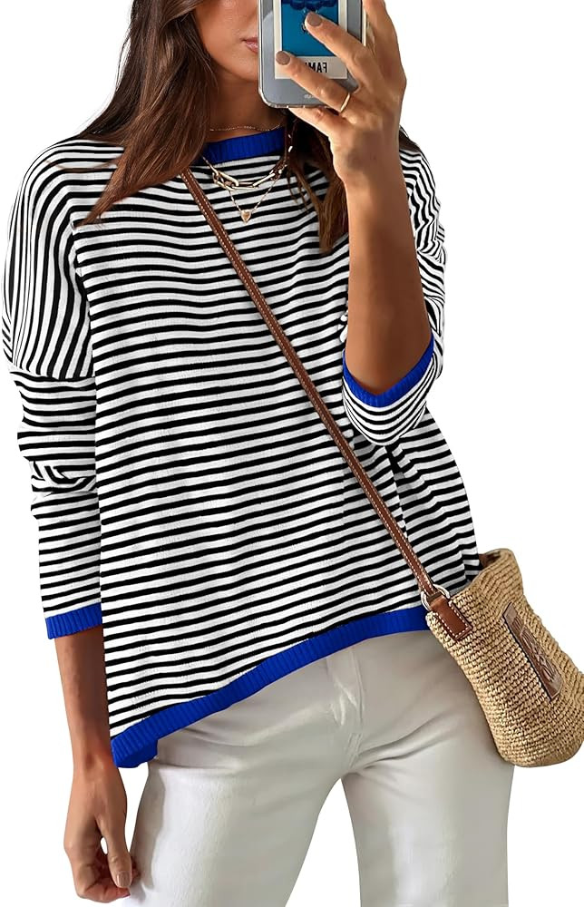 WIHOLL Womens Sweaters Dressy Casual Long Sleeve Tops Round Neck Striped Fashion | Amazon (US)