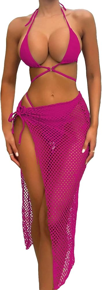 WDIRARA Women's 3 Piece Thong Swimsuit and Long Sarong Micro Criss Cross String Tie Bikini | Amazon (US)