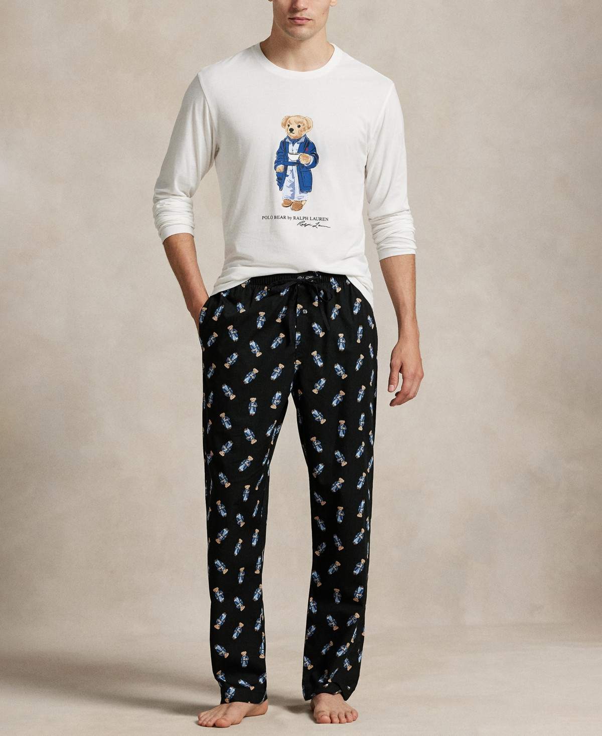 Polo Ralph Lauren Men's Knit Long-Sleeve Crewneck T-Shirt and Pajama Pants, 2-Piece Set - White/Black | Macy's