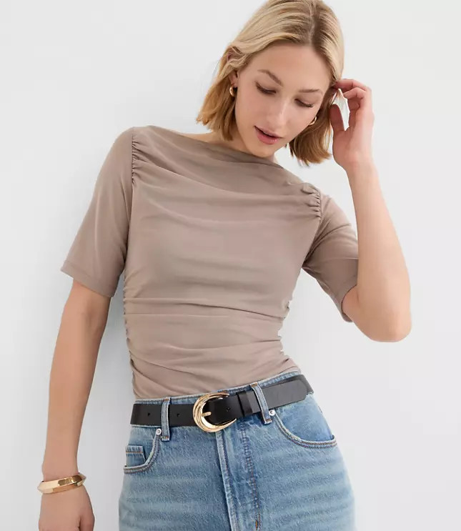 Mesh Ruched Boatneck Top | LOFT