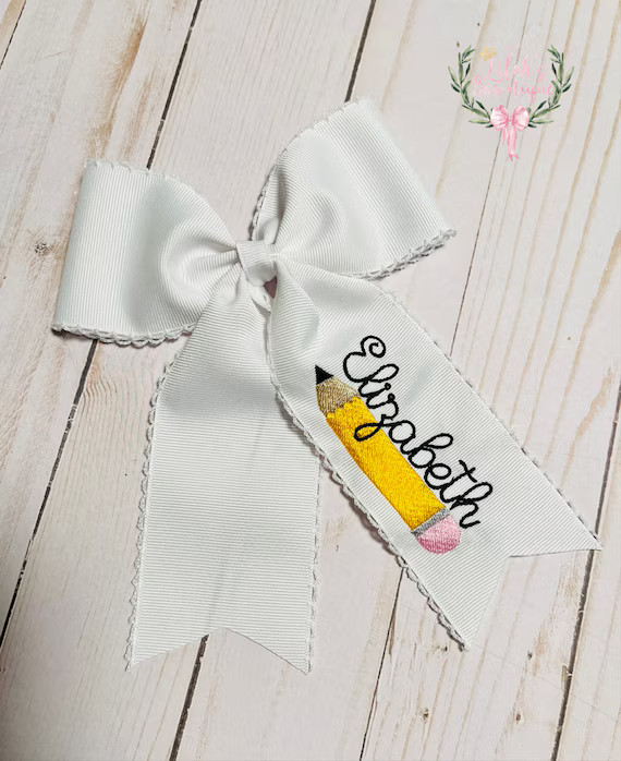 Custom embroidered personalized pencil name moonstitch ribbon hair bow, back to school | Etsy (US)