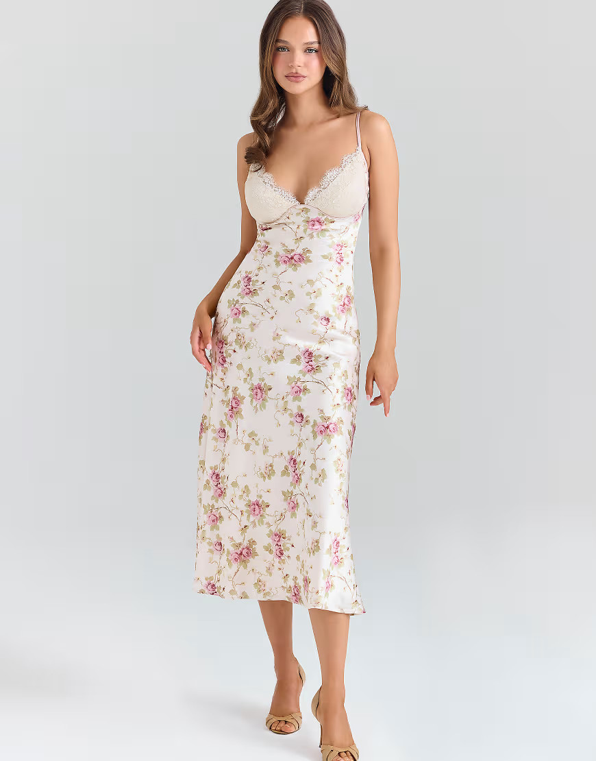House of CB Felicity ivory floral print satin bias cut midi dress in ivory-White | ASOS (Global)