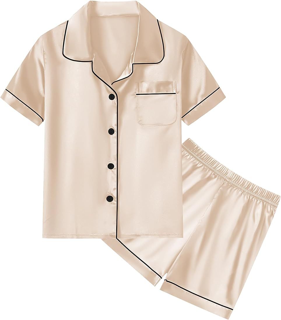 SWOMOG Unisex Kids Silk Satin Pajamas Sets Girls Boys Pjs Set Button-Down Sleepwear Short Sleeve ... | Amazon (US)