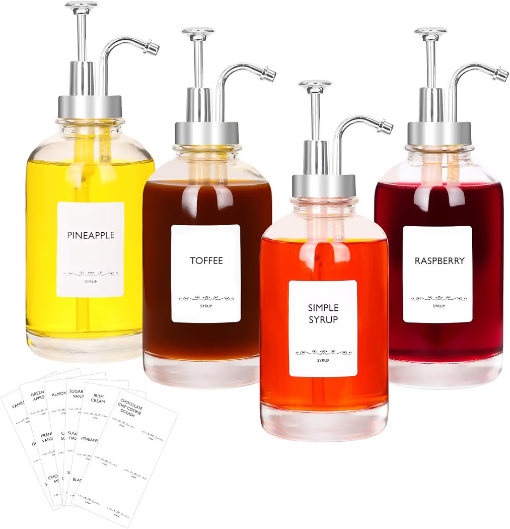 ​16.9oz Coffee Syrup Dispensers 4Pack- Glass Syrup Dispenser Kit for Coffee Bar Accessories for... | Amazon (US)