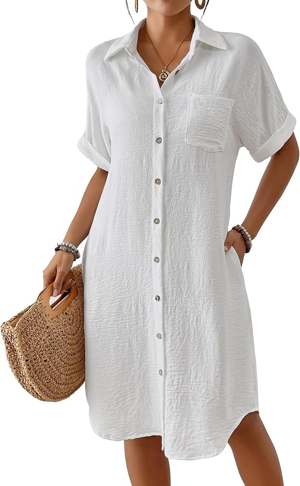 Bsubseach Womens Swimsuit Cover Up Long Button Down Bathing Suit Cover Ups Short Sleeve Summer Be... | Amazon (US)