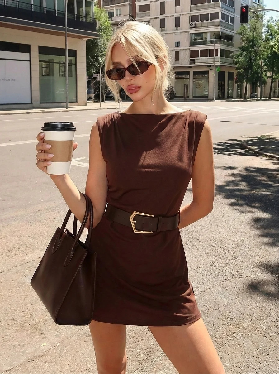 Boat Neck Ruched Belted A-line Mini Dress | Cider