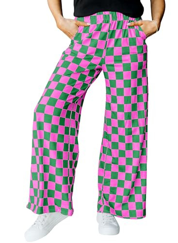 IWOLLENCE Women's Casual Loose Checkered Wide Leg Pants High Waist Straight Lounge Y2K Gingham Trousers Fall Hot Pink Green, L | Amazon (US)