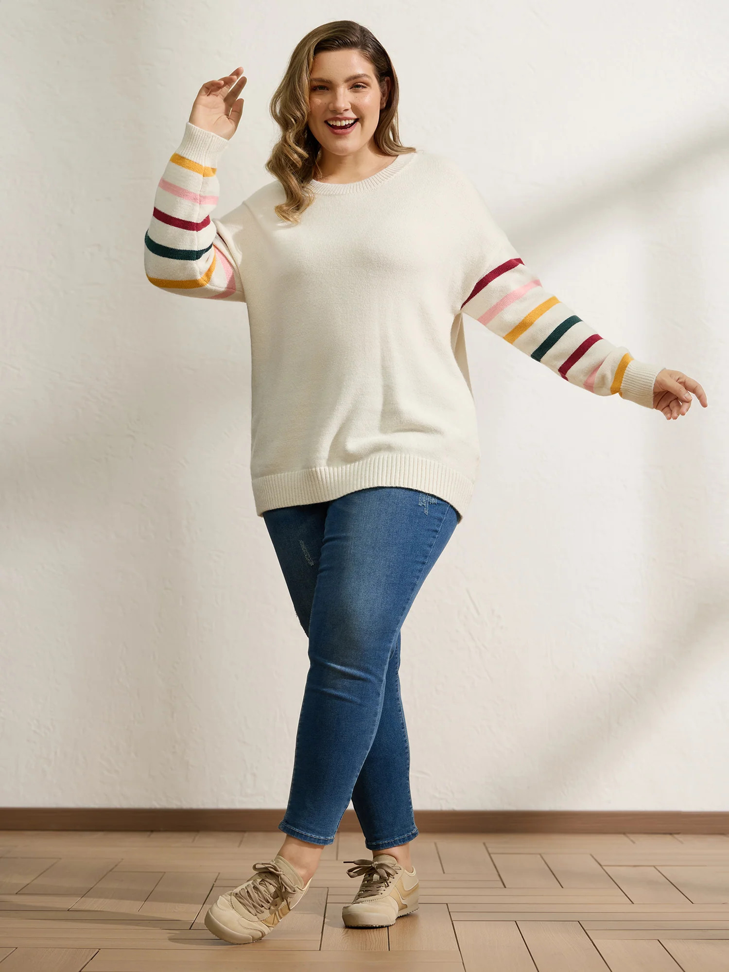 Rainbow Stripe Sleeve Contrast Pullover | Bloomchic